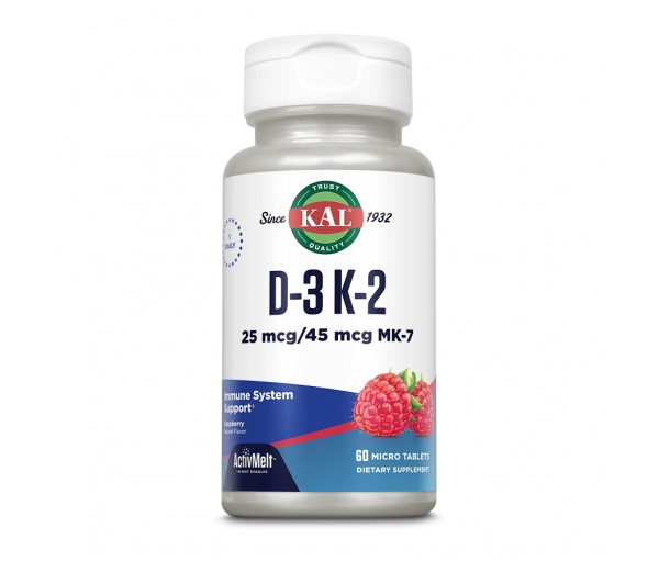 Вітамін D3 + K2 KAL Vitamin D-3 K-2 Raspberry 25 mcg/45 mcg (60 таблеток)